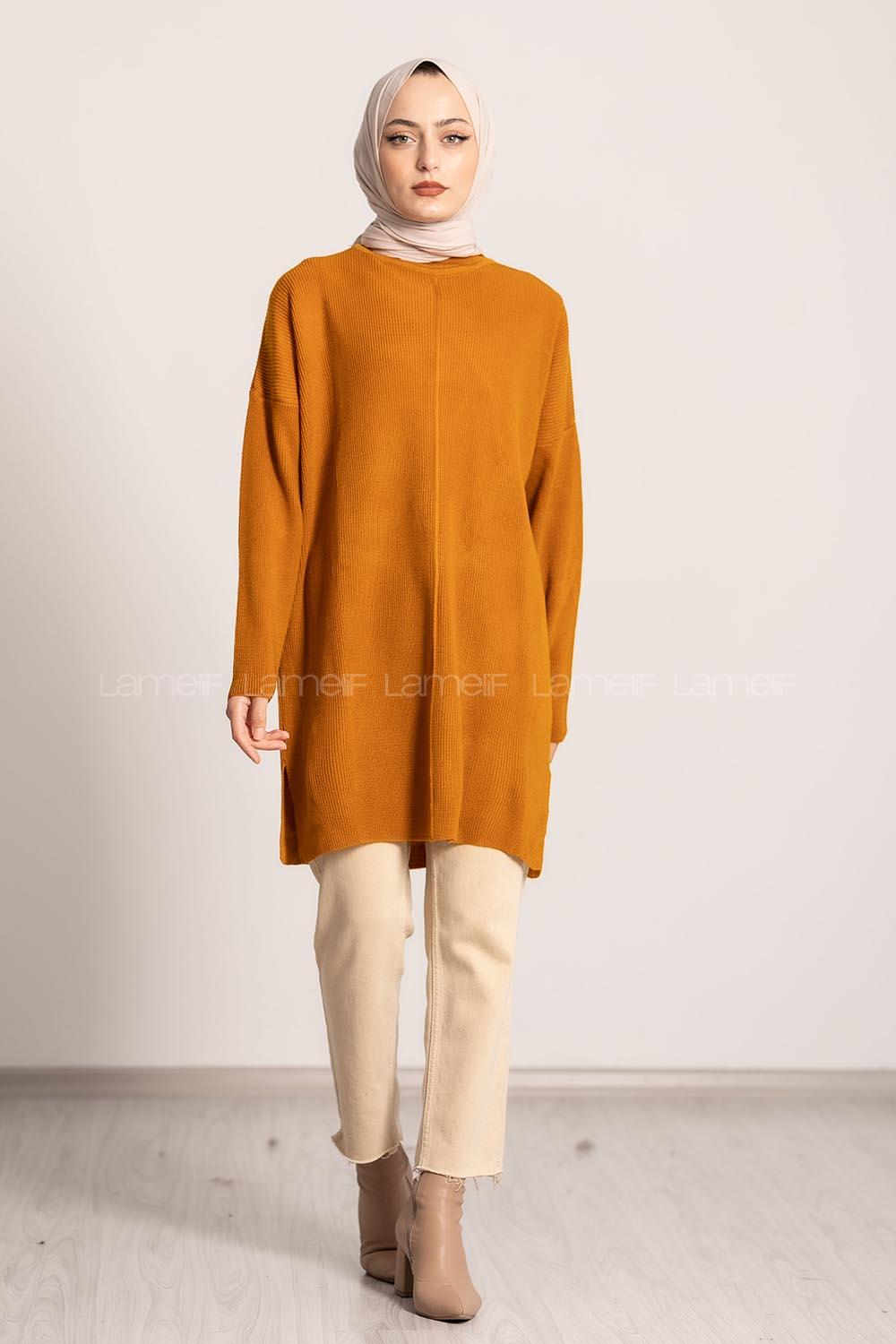 Modalamelif  Yarım Boğazlı Yırtmaç Detaylı Salaş Tunik Hardal Sarısı