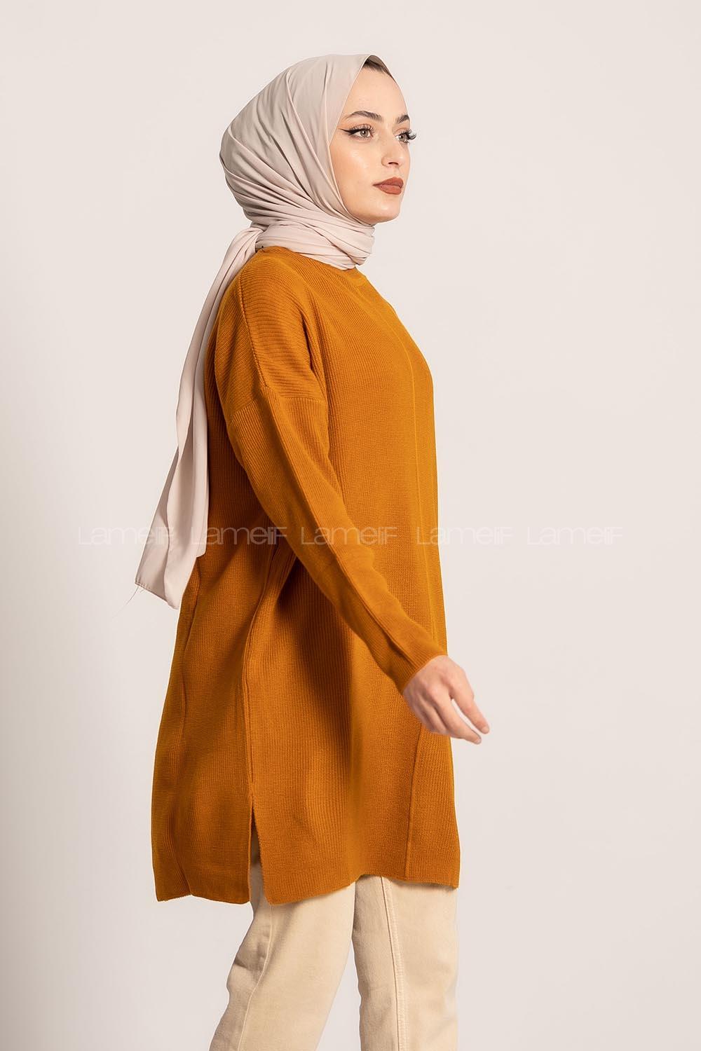 Modalamelif  Yarım Boğazlı Yırtmaç Detaylı Salaş Tunik Hardal Sarısı