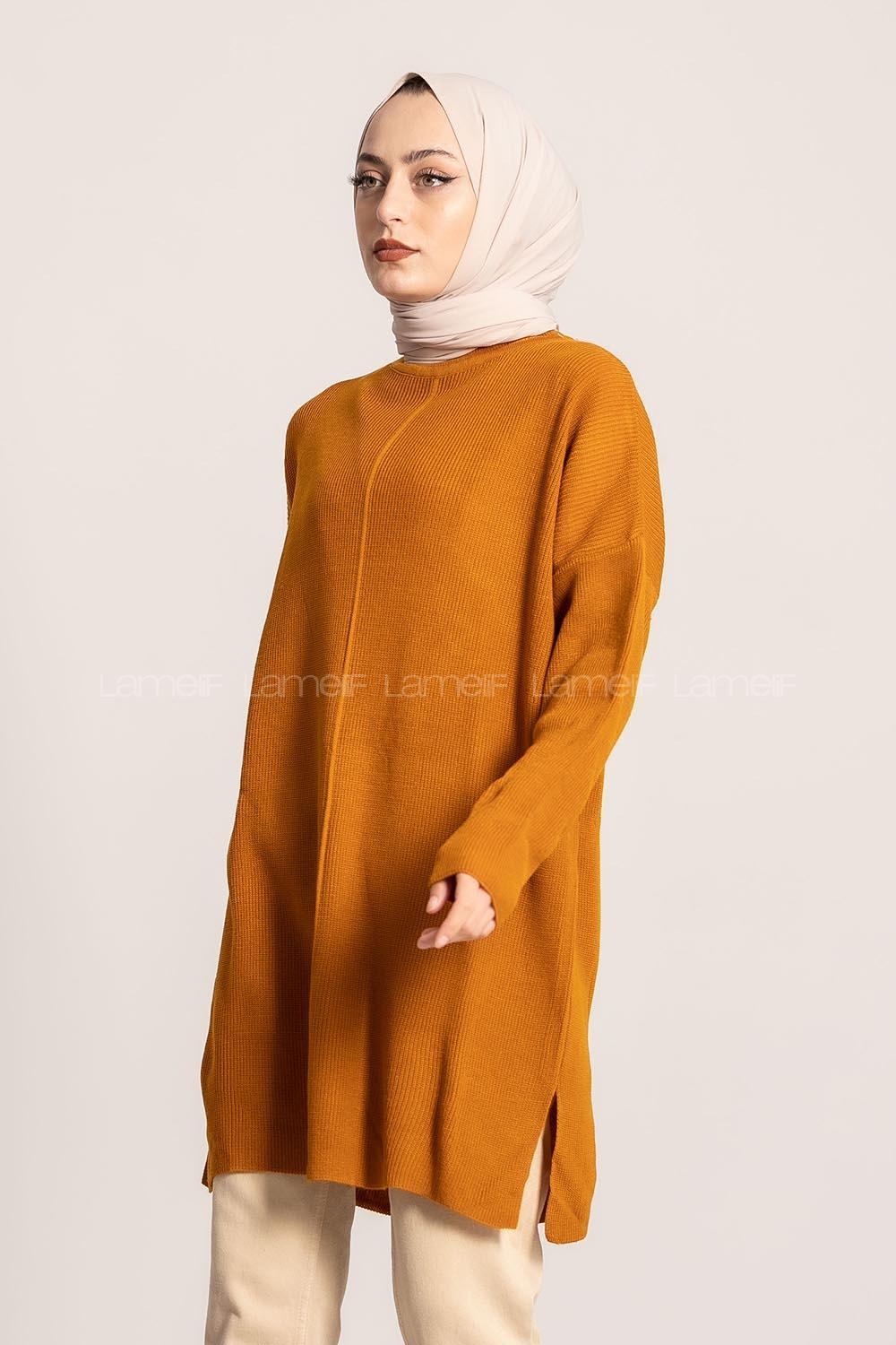 Modalamelif  Yarım Boğazlı Yırtmaç Detaylı Salaş Tunik Hardal Sarısı