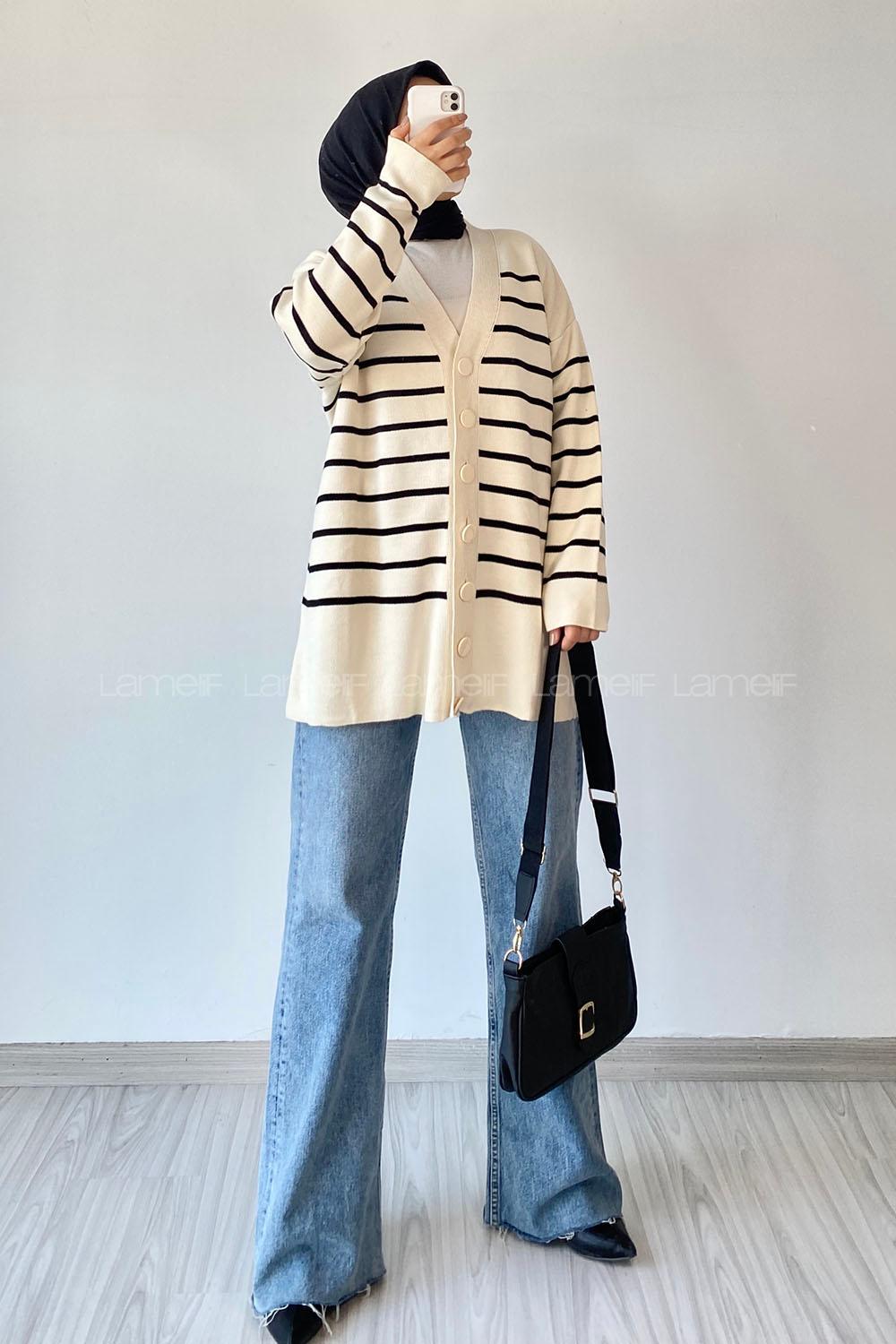 Modalamelif Çizgi Desenli Renk Garnili Basic Hırka Çağla Ekru