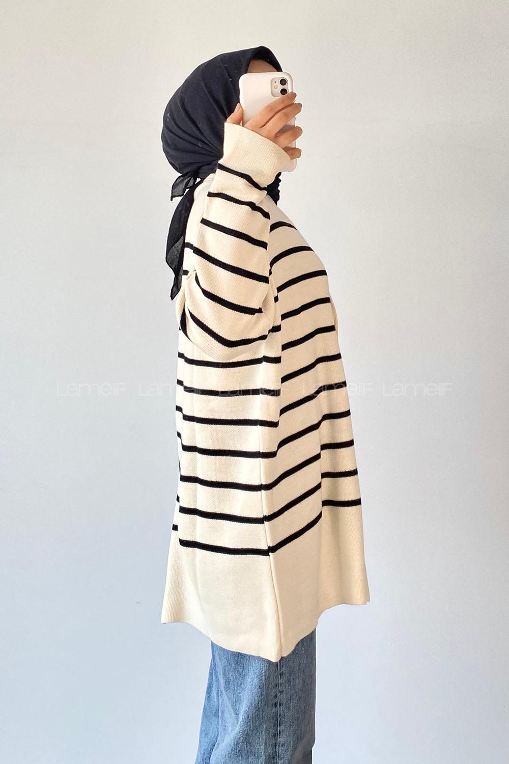 Modalamelif Çizgi Desenli Renk Garnili Basic Hırka Çağla Ekru