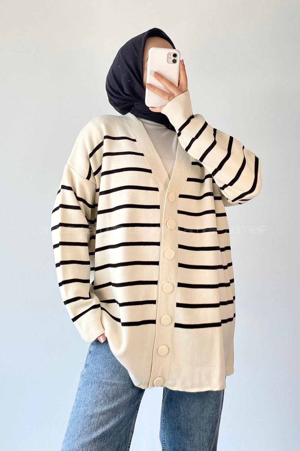 Modalamelif Çizgi Desenli Renk Garnili Basic Hırka Çağla Ekru