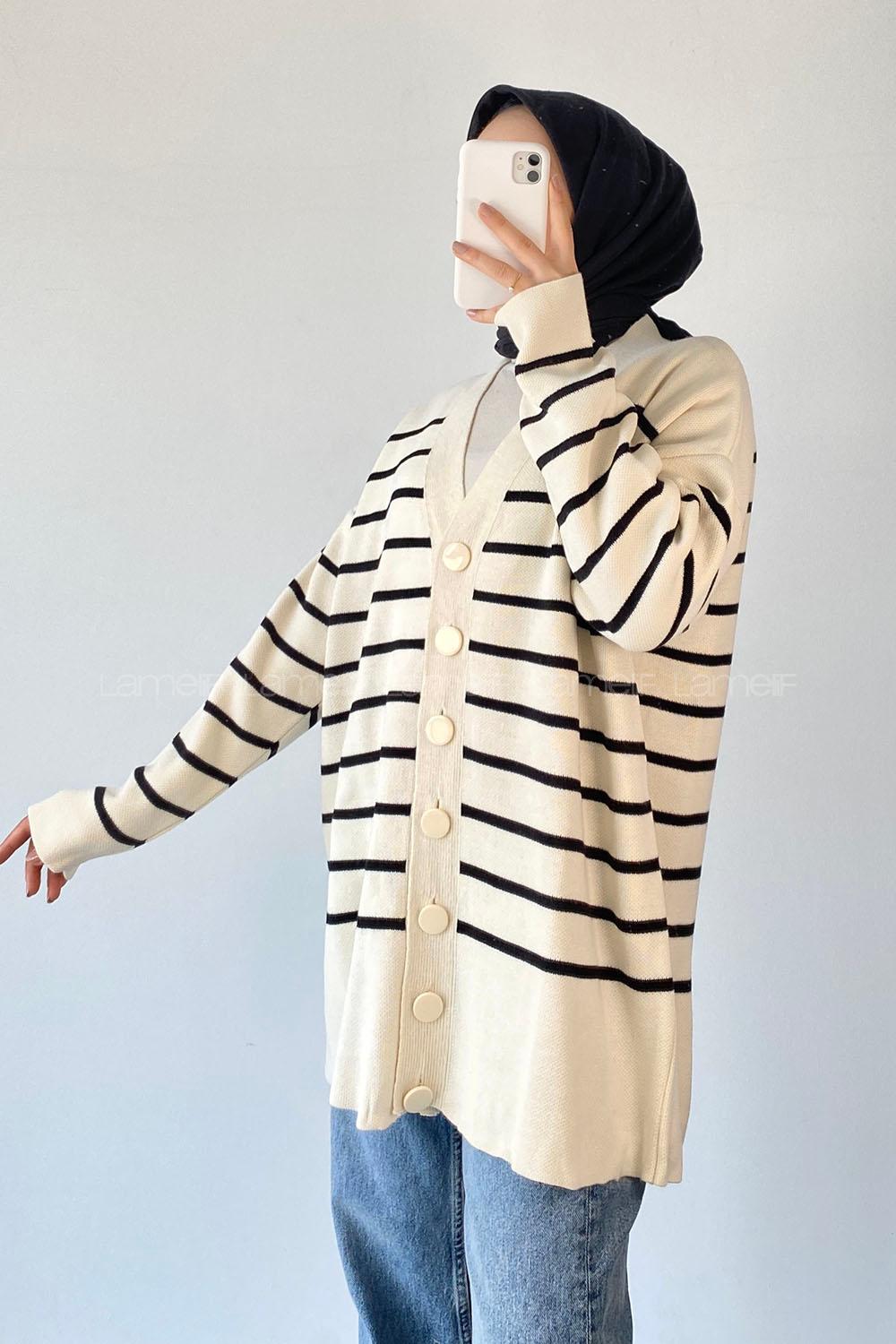 Modalamelif Çizgi Desenli Renk Garnili Basic Hırka Çağla Ekru