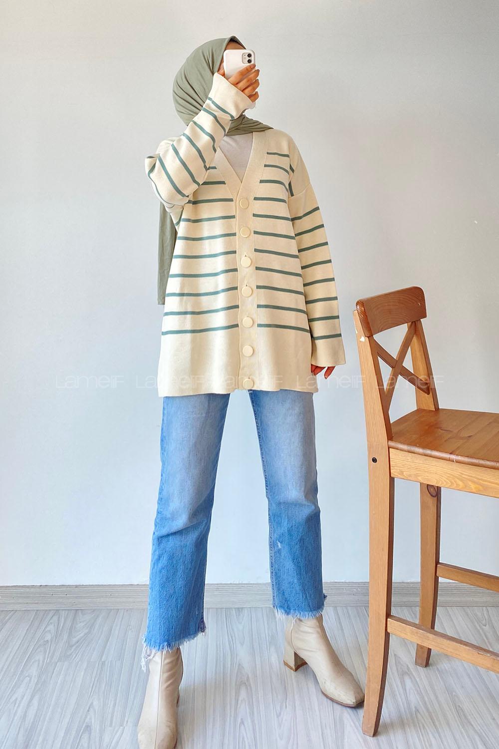 Modalamelif Çizgi Desenli Renk Garnili Basic Hırka Çağla Yeşili