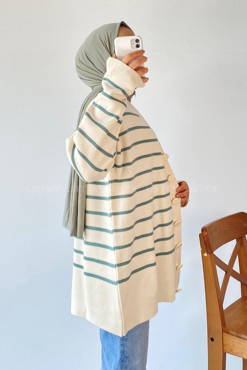 Modalamelif Çizgi Desenli Renk Garnili Basic Hırka Çağla Yeşili