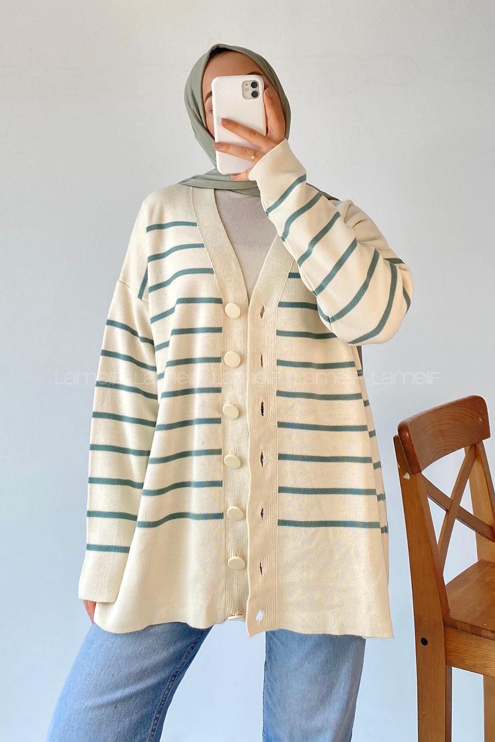 Modalamelif Çizgi Desenli Renk Garnili Basic Hırka Çağla Yeşili