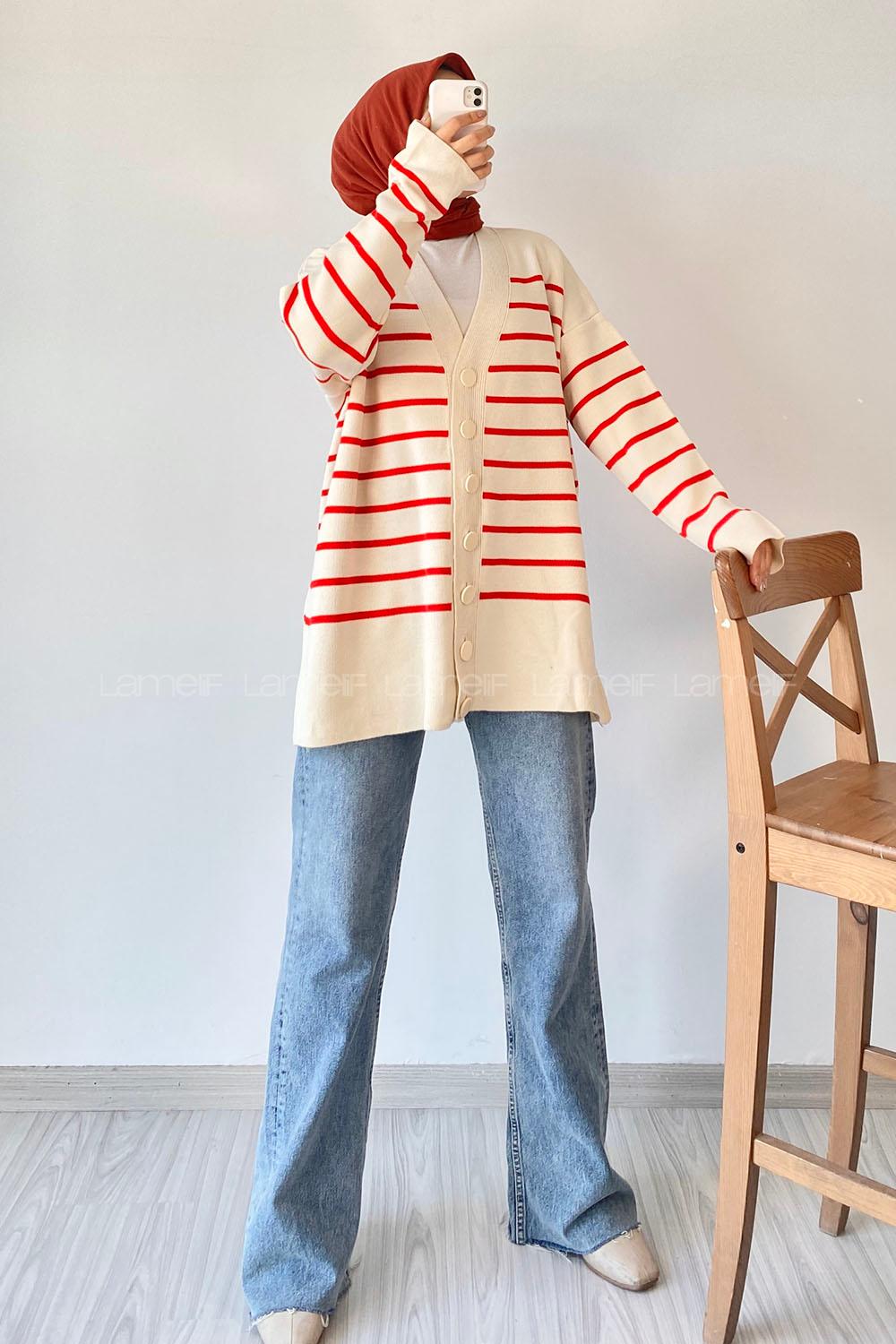 Modalamelif Çizgi Desenli Renk Garnili Basic Hırka Kırmızı