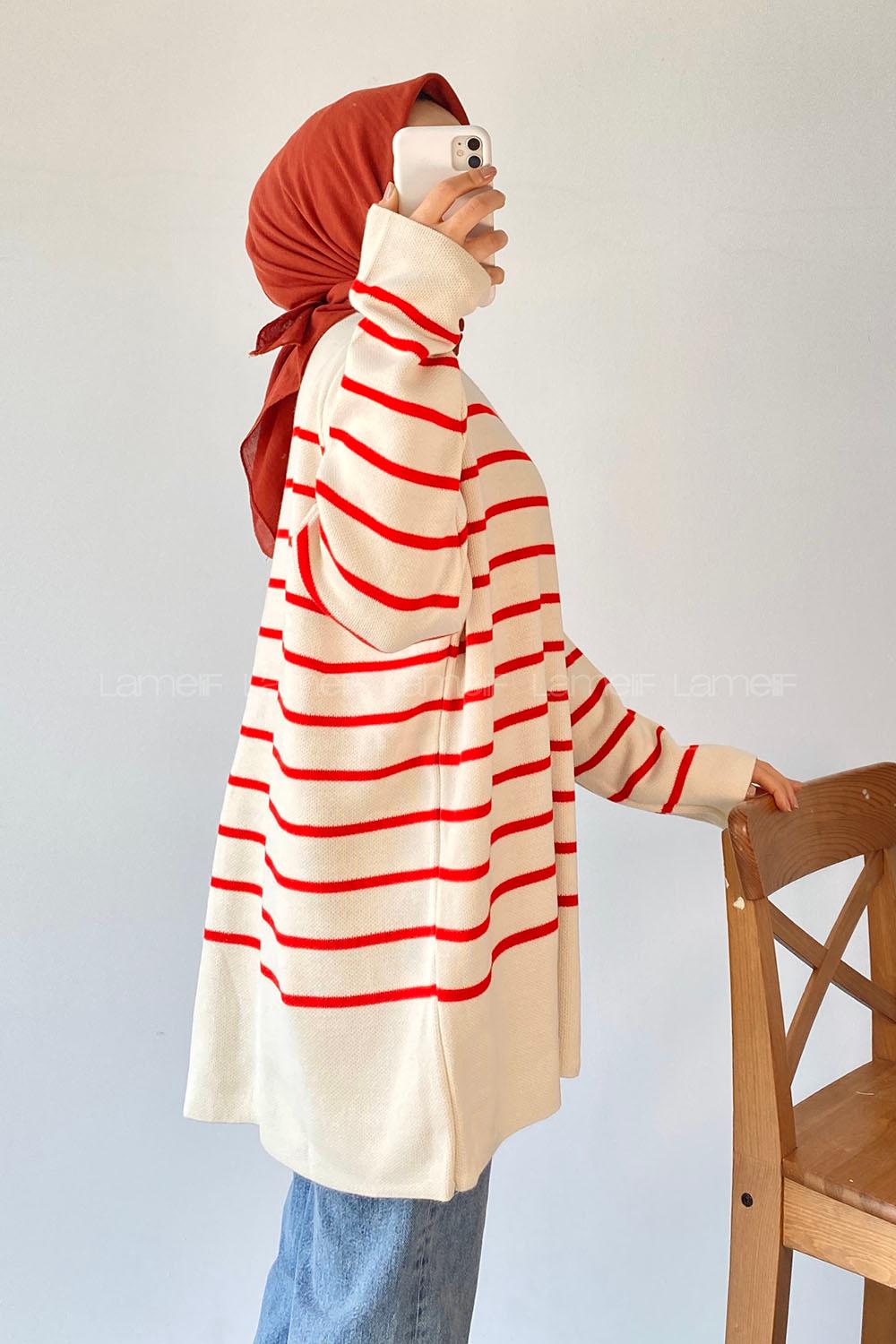 Modalamelif Çizgi Desenli Renk Garnili Basic Hırka Kırmızı