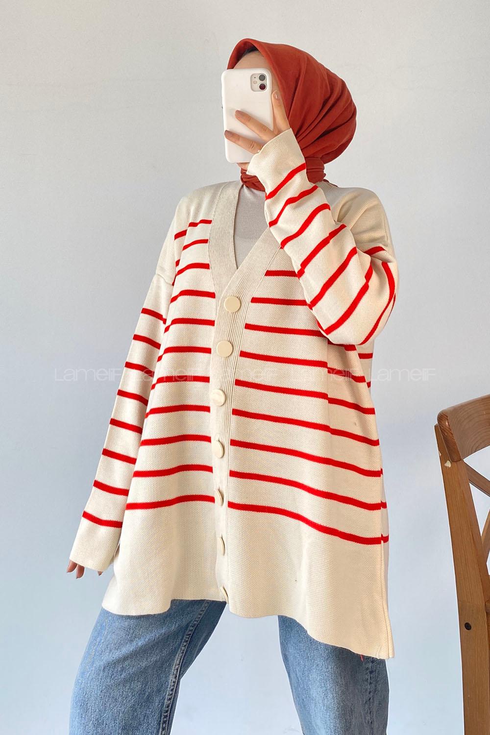 Modalamelif Çizgi Desenli Renk Garnili Basic Hırka Kırmızı