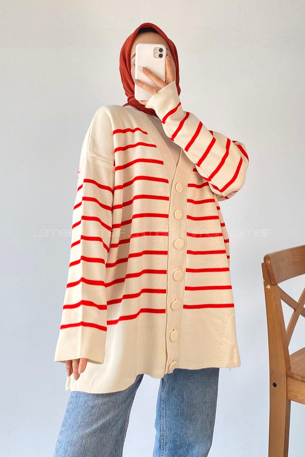 Modalamelif Çizgi Desenli Renk Garnili Basic Hırka Kırmızı