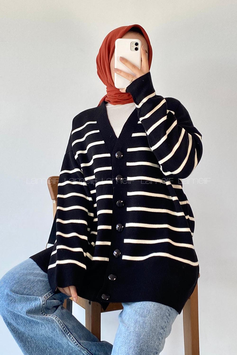 i Renk Garnili Basic Hırka Siyah