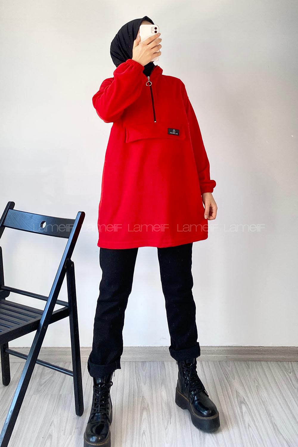 Modalamelif Kapüşon Detaylı Yarım Fermuar Detaylı Polar Armalı Sweat Kırmızı