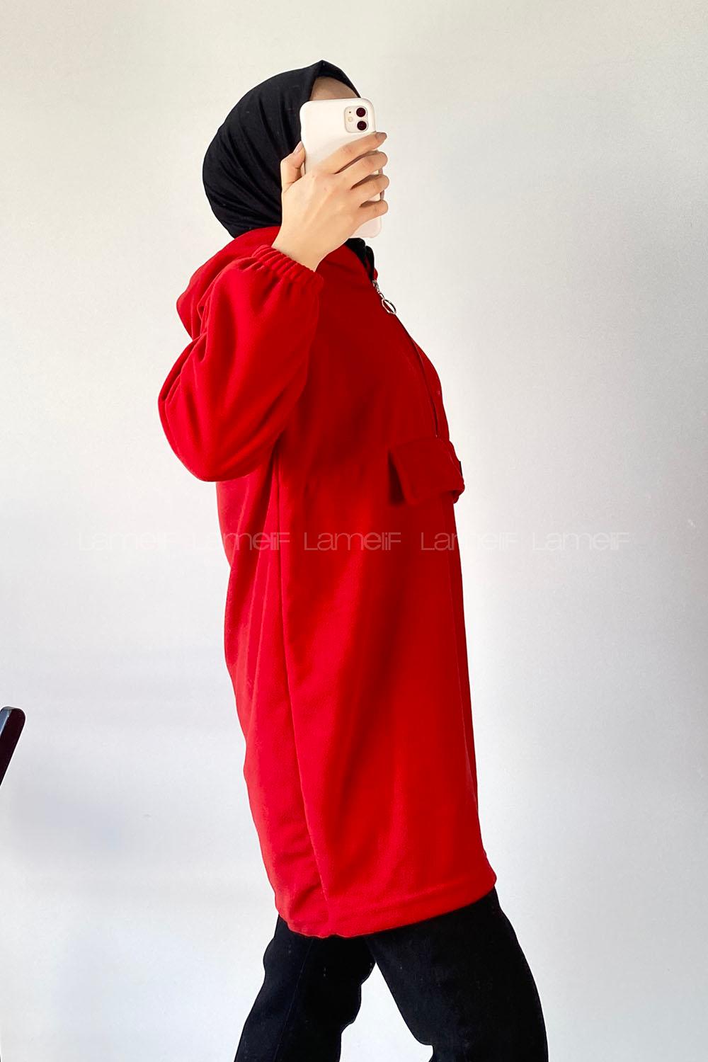 Modalamelif Kapüşon Detaylı Yarım Fermuar Detaylı Polar Armalı Sweat Kırmızı