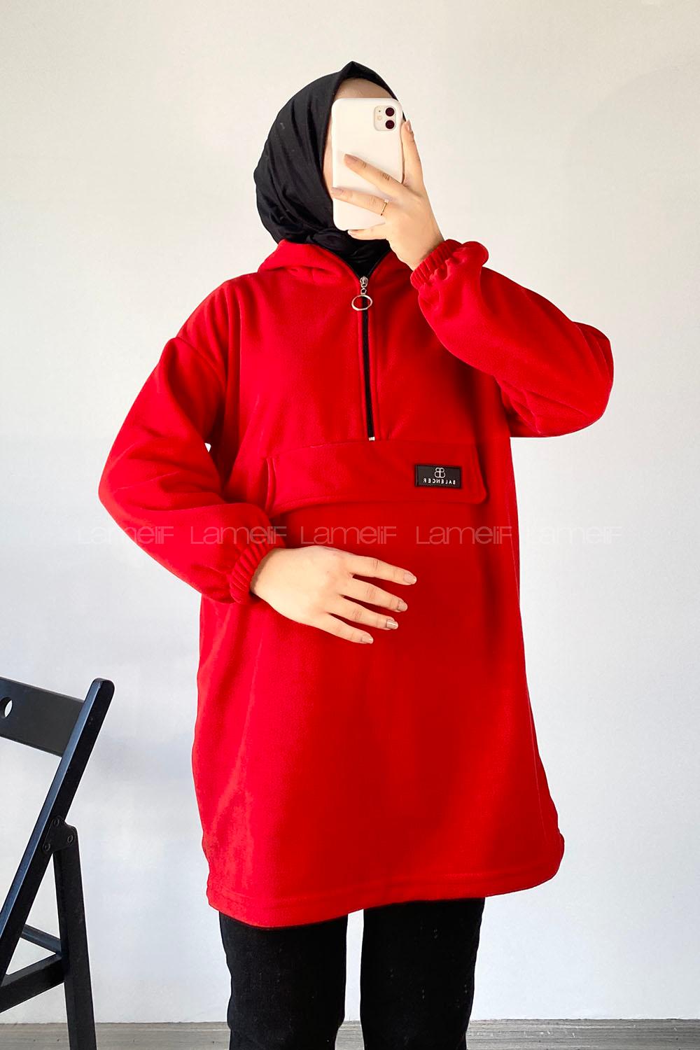 Modalamelif Kapüşon Detaylı Yarım Fermuar Detaylı Polar Armalı Sweat Kırmızı