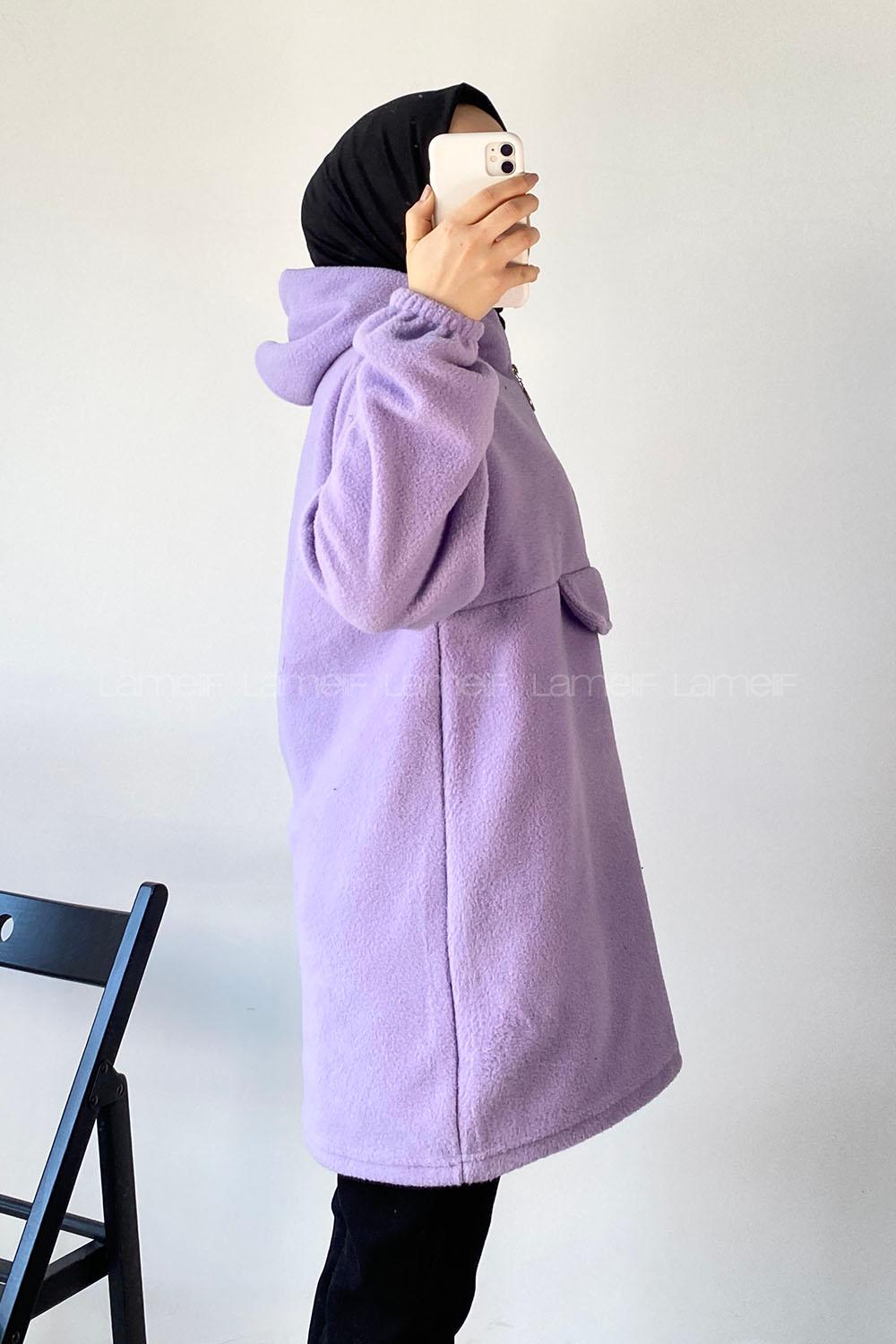 Modalamelif Kapüşon Detaylı Yarım Fermuar Detaylı Polar Armalı Sweat Lila