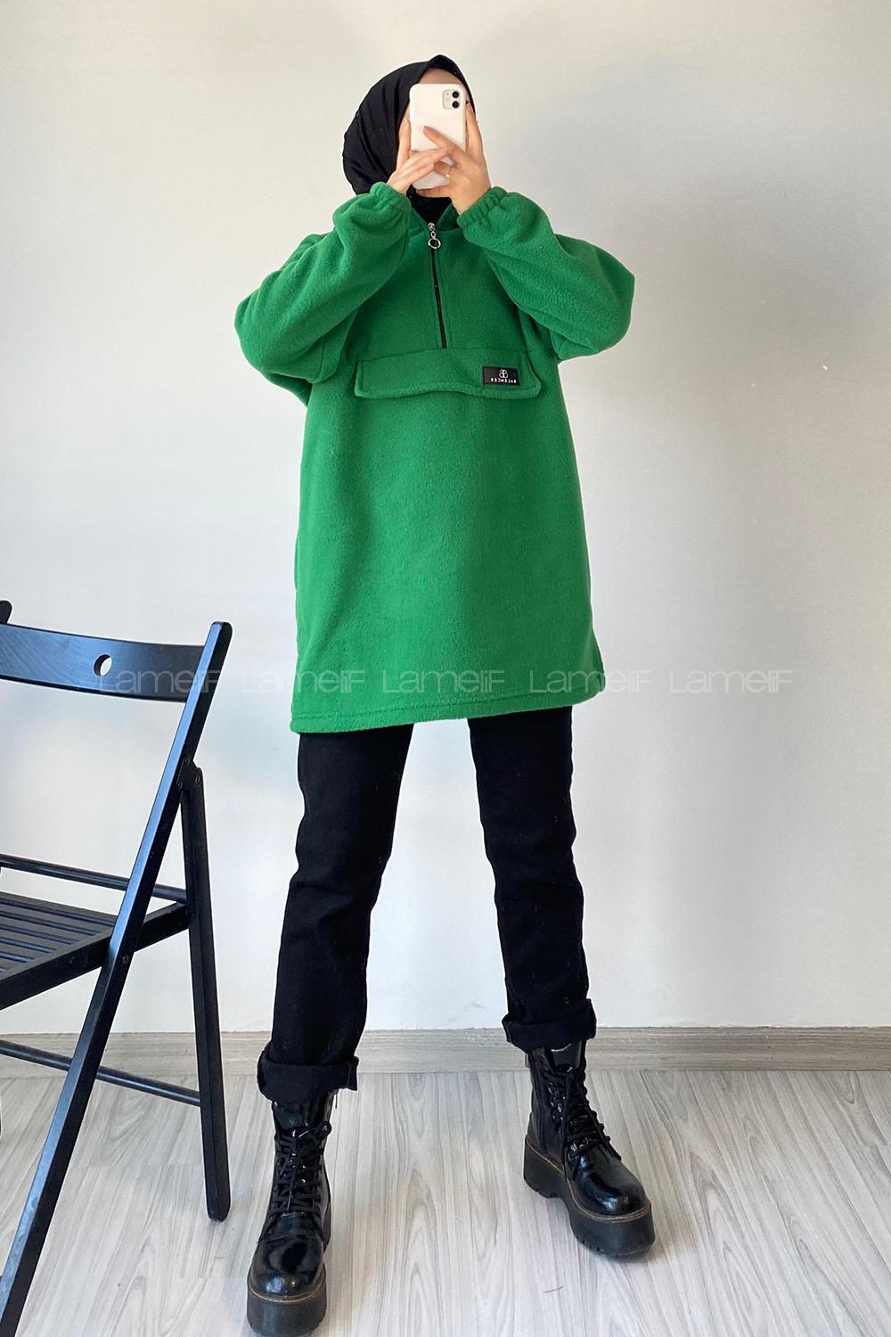 Modalamelif Kapüşon Detaylı Yarım Fermuar Detaylı Polar Armalı Sweat Yeşil