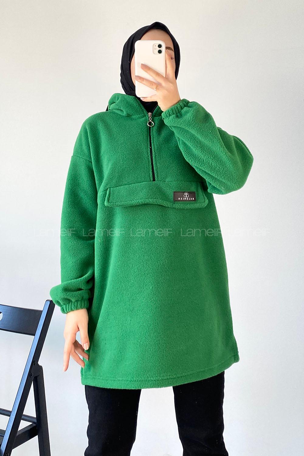 Modalamelif Kapüşon Detaylı Yarım Fermuar Detaylı Polar Armalı Sweat Yeşil