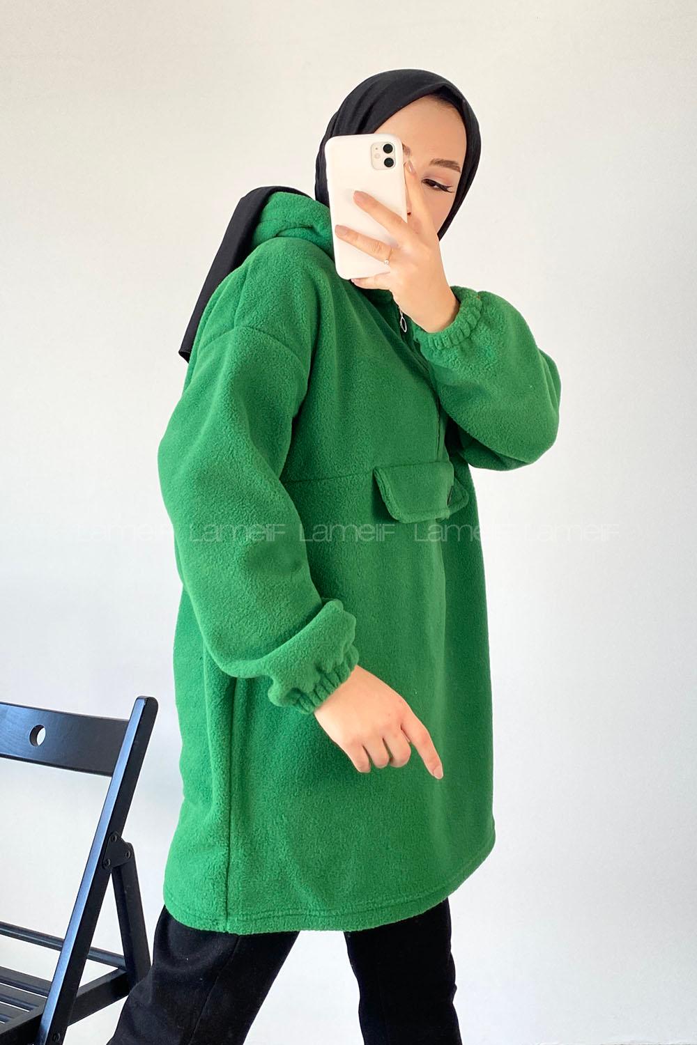 Modalamelif Kapüşon Detaylı Yarım Fermuar Detaylı Polar Armalı Sweat Yeşil
