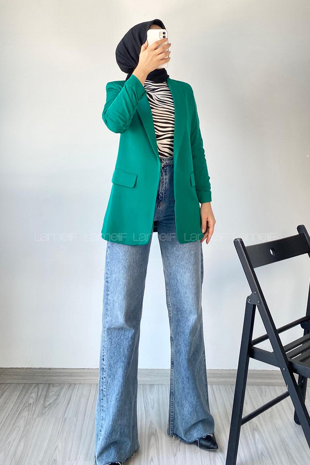 Modalamelif Kolu Büzgü Detaylı Blazer Ceket Zümrüt Yeşili
