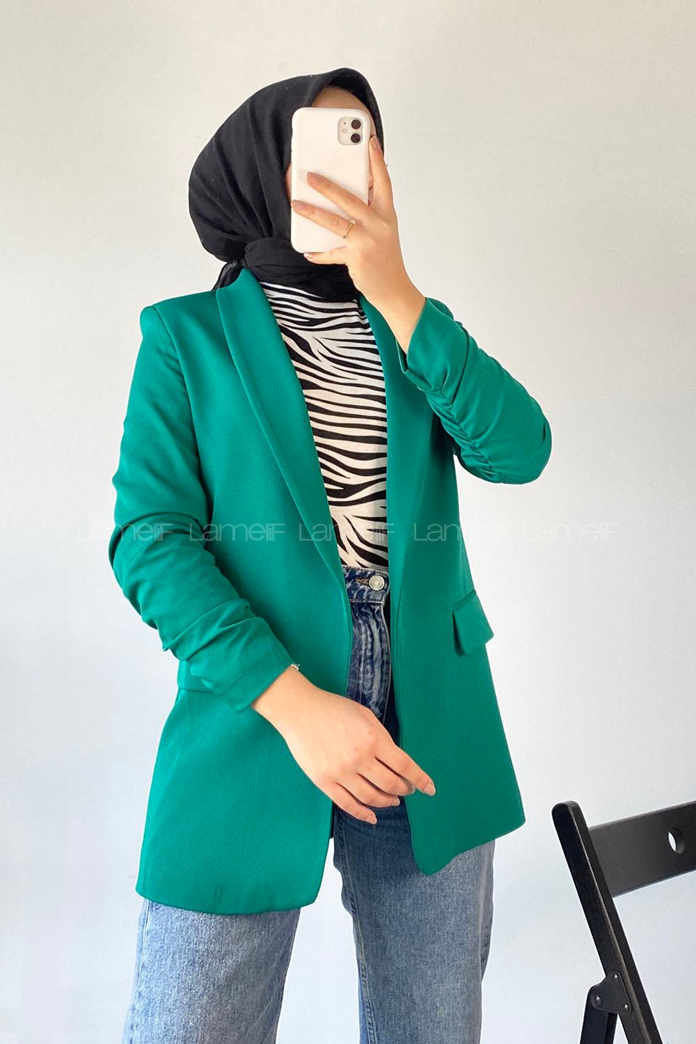 Modalamelif Kolu Büzgü Detaylı Blazer Ceket Zümrüt Yeşili