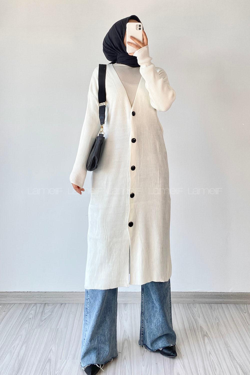 Modalamelif Önü Boydan Düğme Detaylı Fitilli Uzun Hırka Ekru