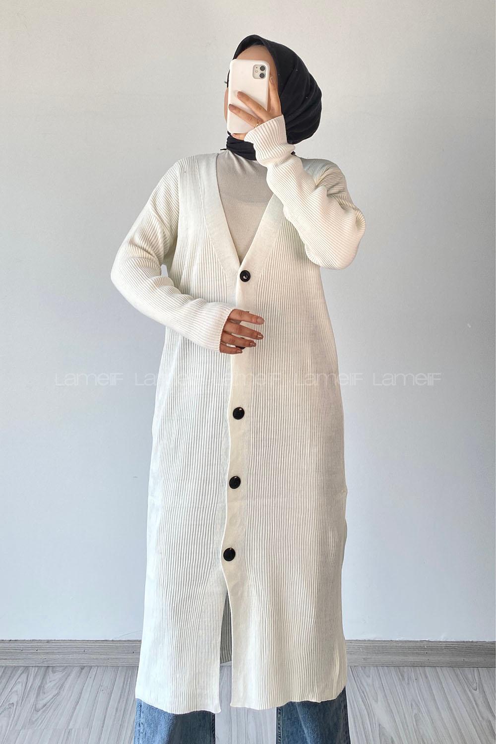 Modalamelif Önü Boydan Düğme Detaylı Fitilli Uzun Hırka Ekru