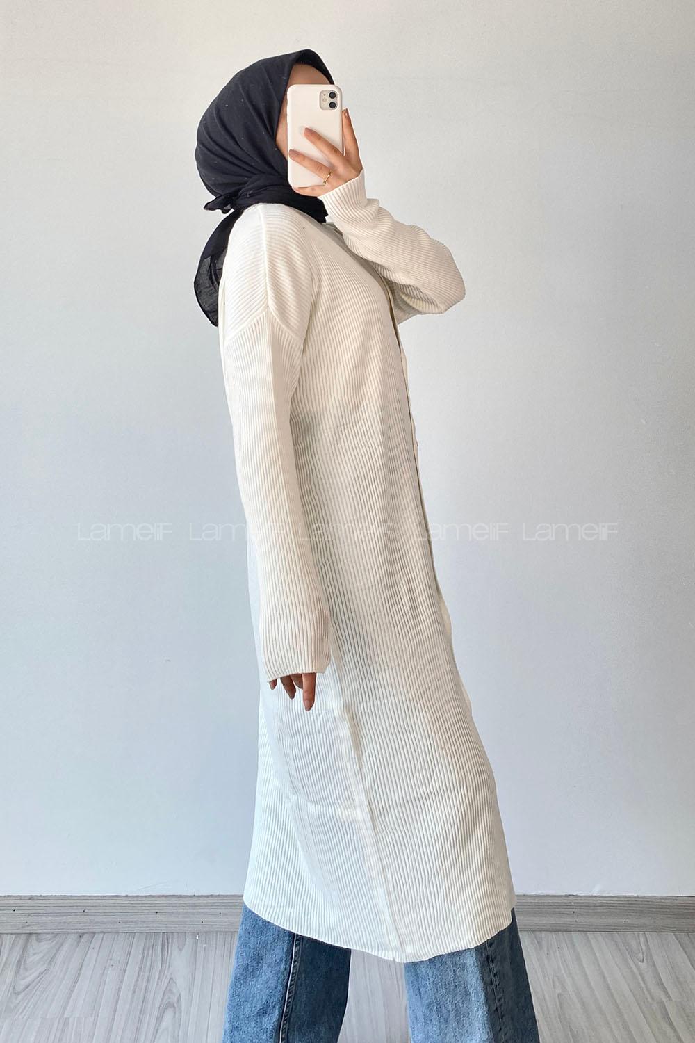 Modalamelif Önü Boydan Düğme Detaylı Fitilli Uzun Hırka Ekru