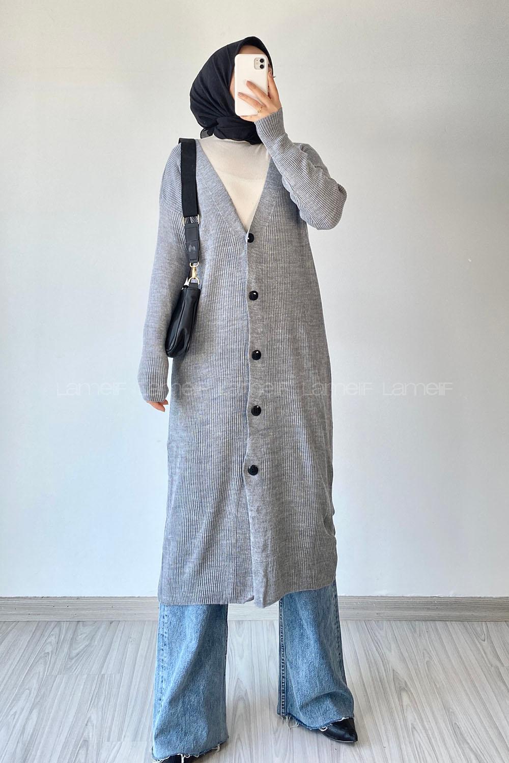 Modalamelif Önü Boydan Düğme Detaylı Fitilli Uzun Hırka Gri