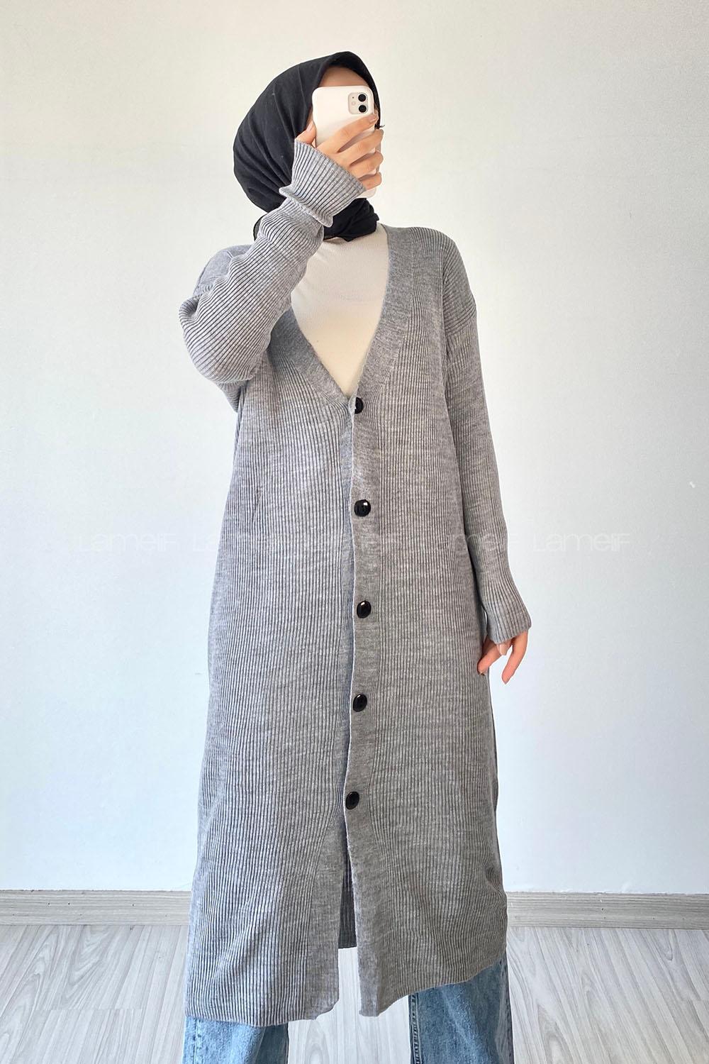 Modalamelif Önü Boydan Düğme Detaylı Fitilli Uzun Hırka Gri