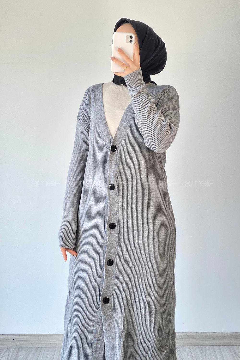 Modalamelif Önü Boydan Düğme Detaylı Fitilli Uzun Hırka Gri