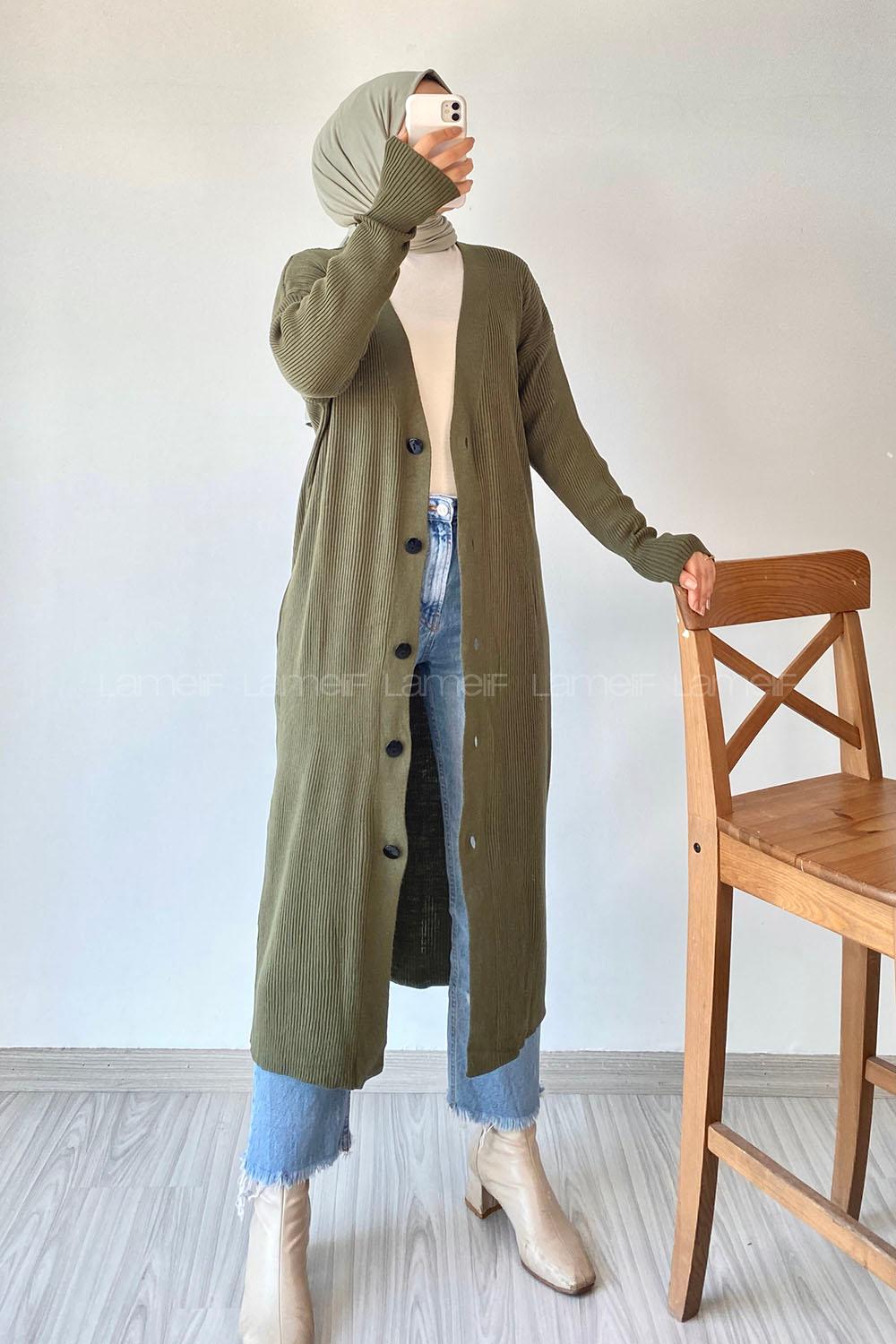 Modalamelif Önü Boydan Düğme Detaylı Fitilli Uzun Hırka Haki