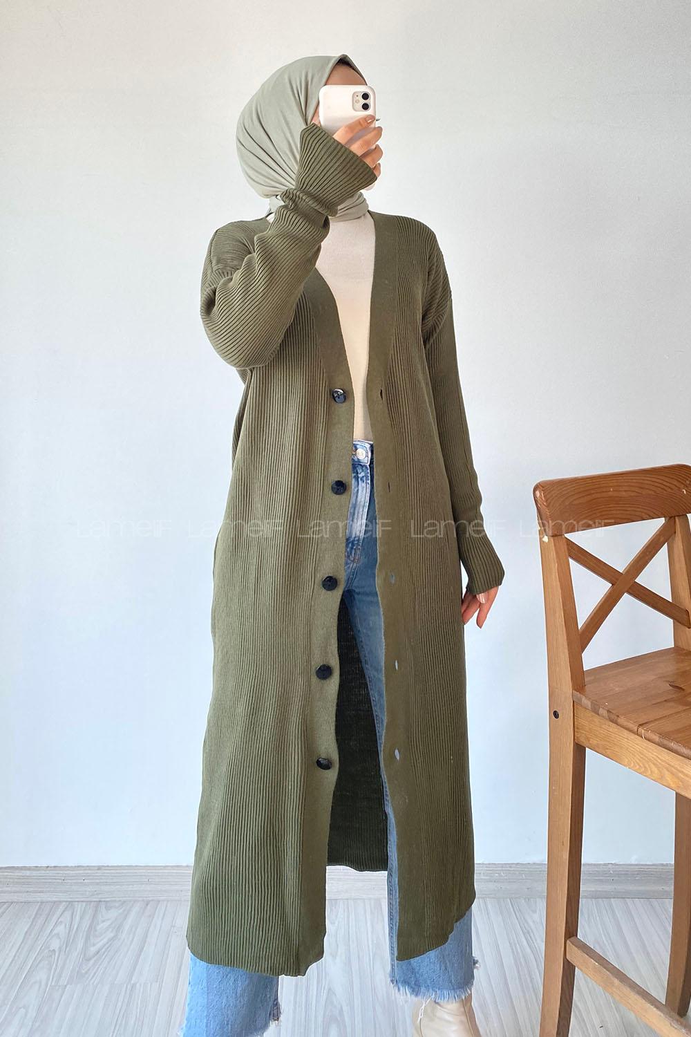 Modalamelif Önü Boydan Düğme Detaylı Fitilli Uzun Hırka Haki