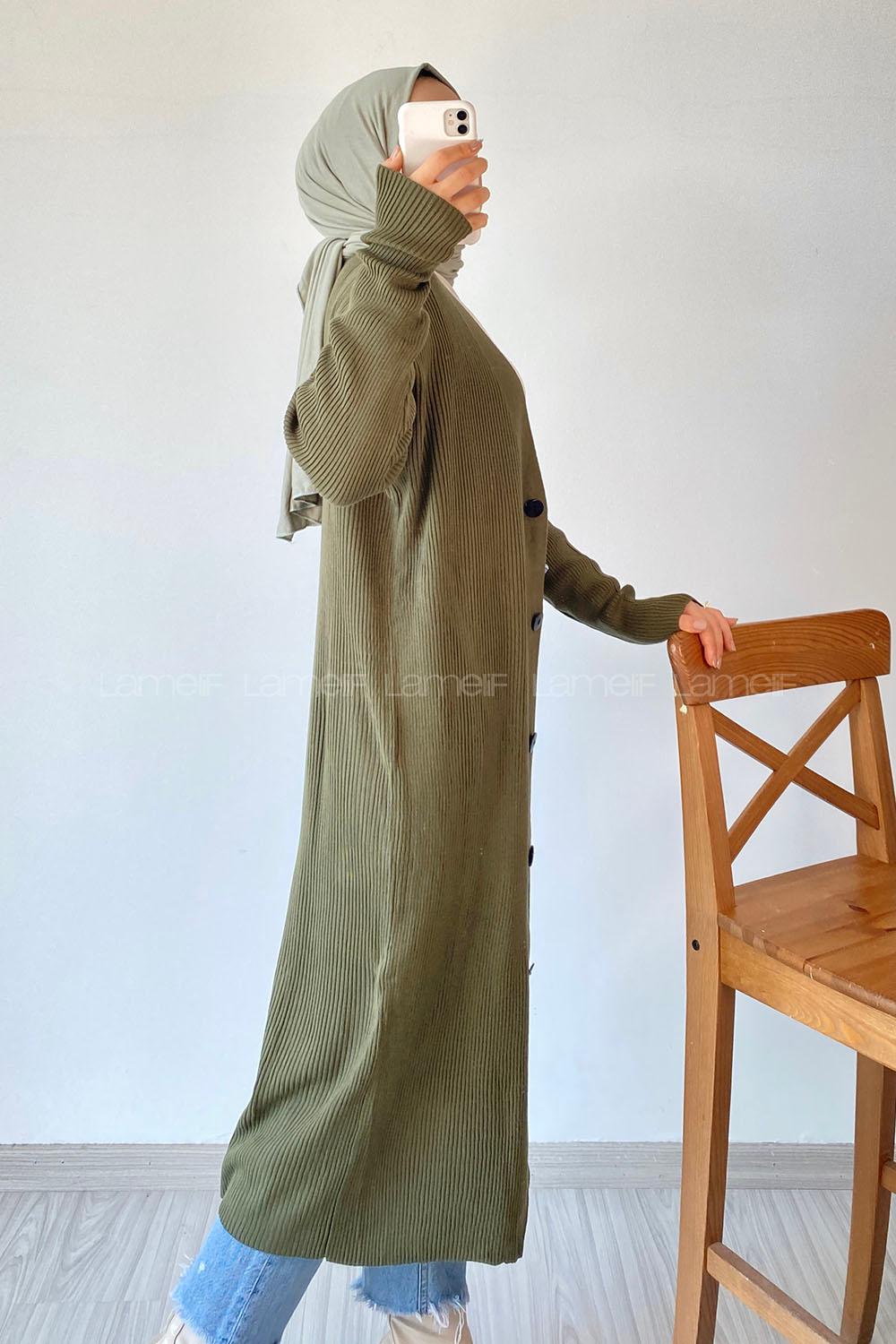 Modalamelif Önü Boydan Düğme Detaylı Fitilli Uzun Hırka Haki