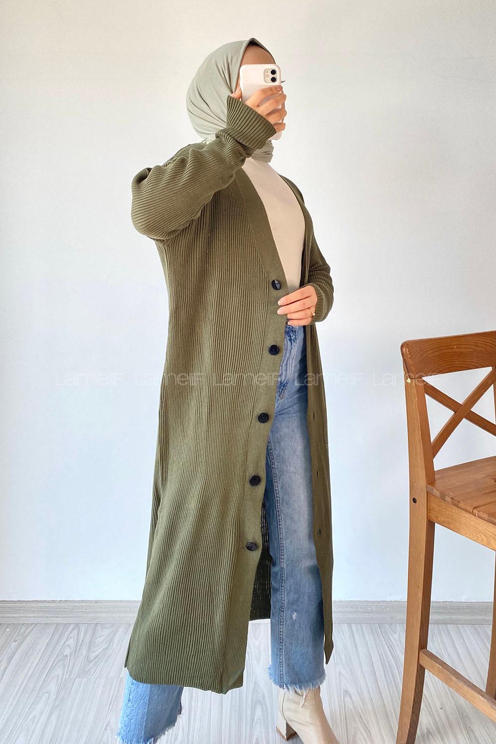 Modalamelif Önü Boydan Düğme Detaylı Fitilli Uzun Hırka Haki