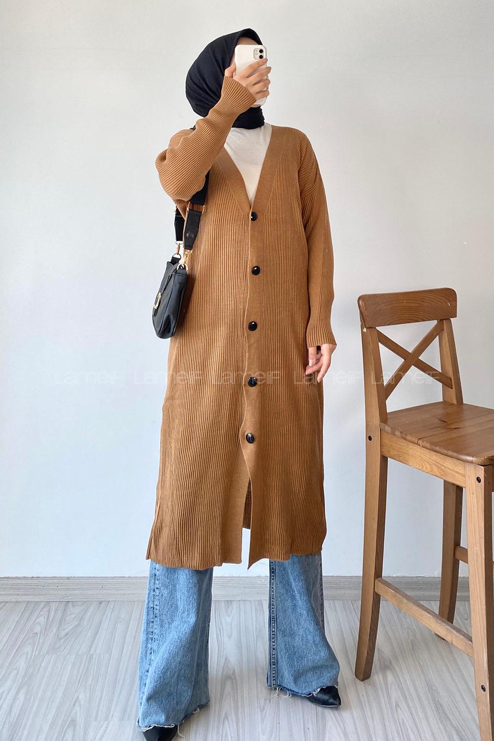 Modalamelif Önü Boydan Düğme Detaylı Fitilli Uzun Hırka Kahverengi