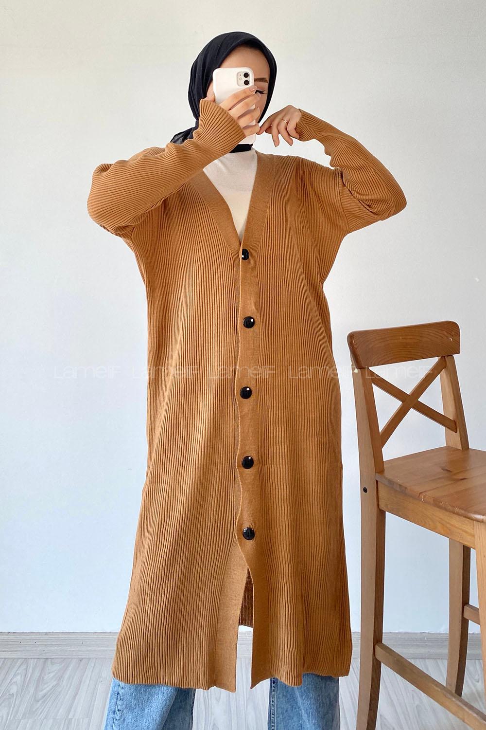 Modalamelif Önü Boydan Düğme Detaylı Fitilli Uzun Hırka Kahverengi