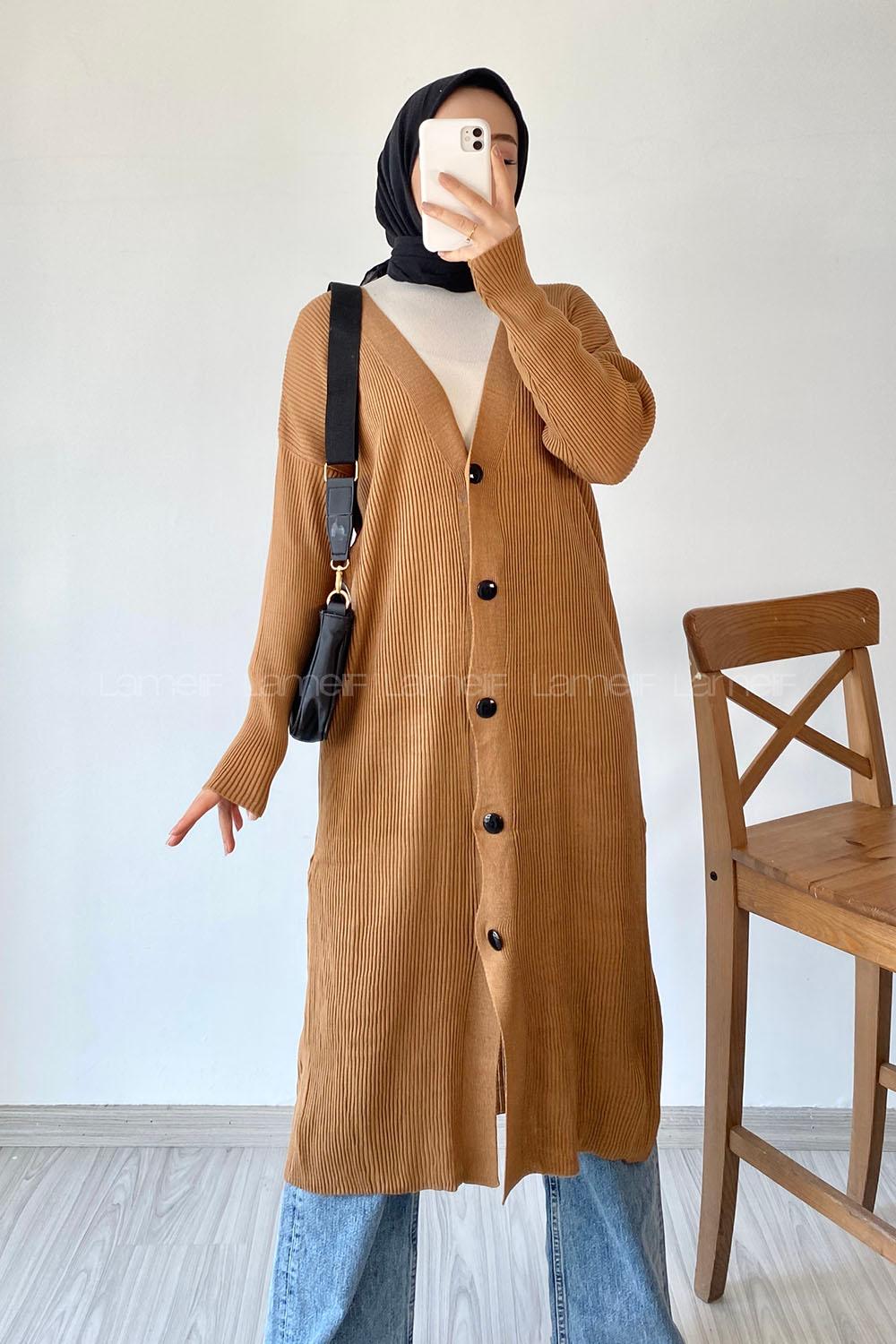 Modalamelif Önü Boydan Düğme Detaylı Fitilli Uzun Hırka Kahverengi