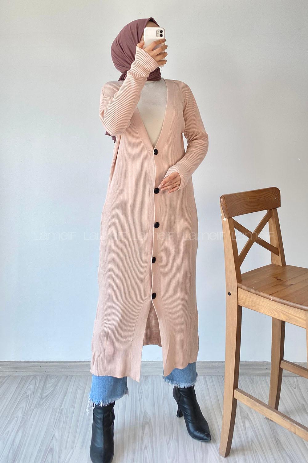 Modalamelif Önü Boydan Düğme Detaylı Fitilli Uzun Hırka Pudra