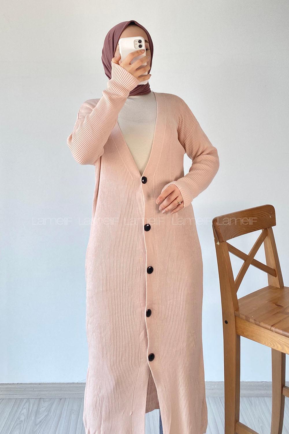 Modalamelif Önü Boydan Düğme Detaylı Fitilli Uzun Hırka Pudra