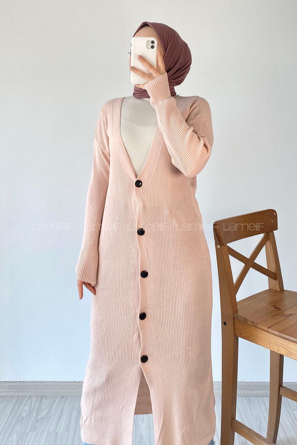 Modalamelif Önü Boydan Düğme Detaylı Fitilli Uzun Hırka Pudra