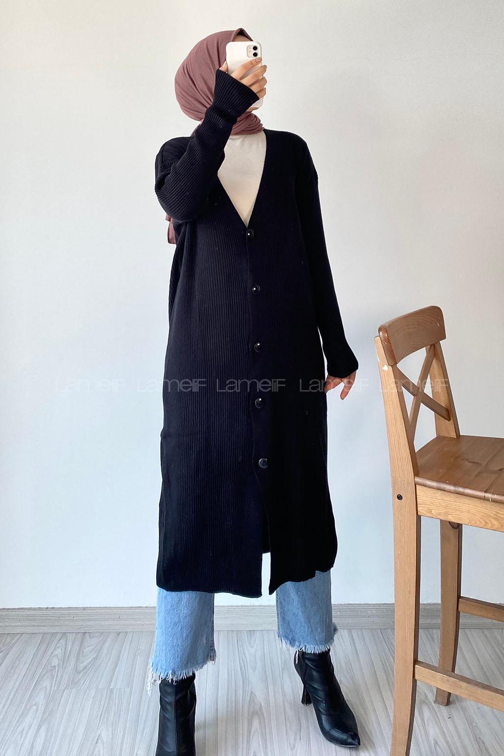 Modalamelif Önü Boydan Düğme Detaylı Fitilli Uzun Hırka Siyah