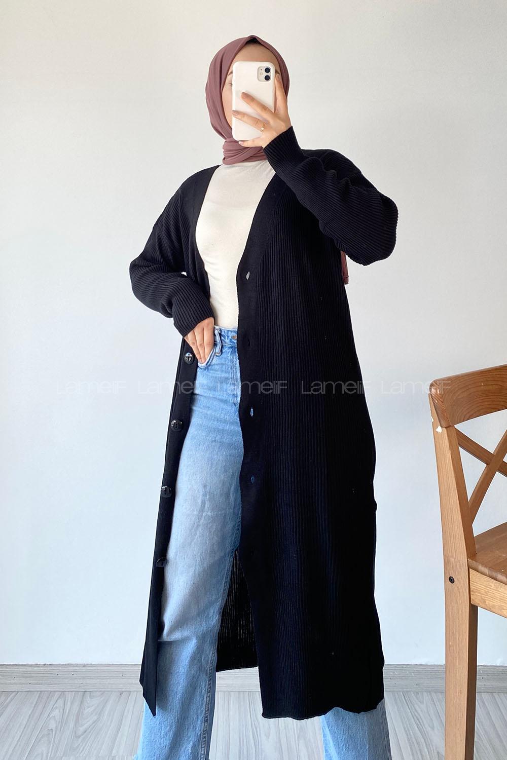 Modalamelif Önü Boydan Düğme Detaylı Fitilli Uzun Hırka Siyah