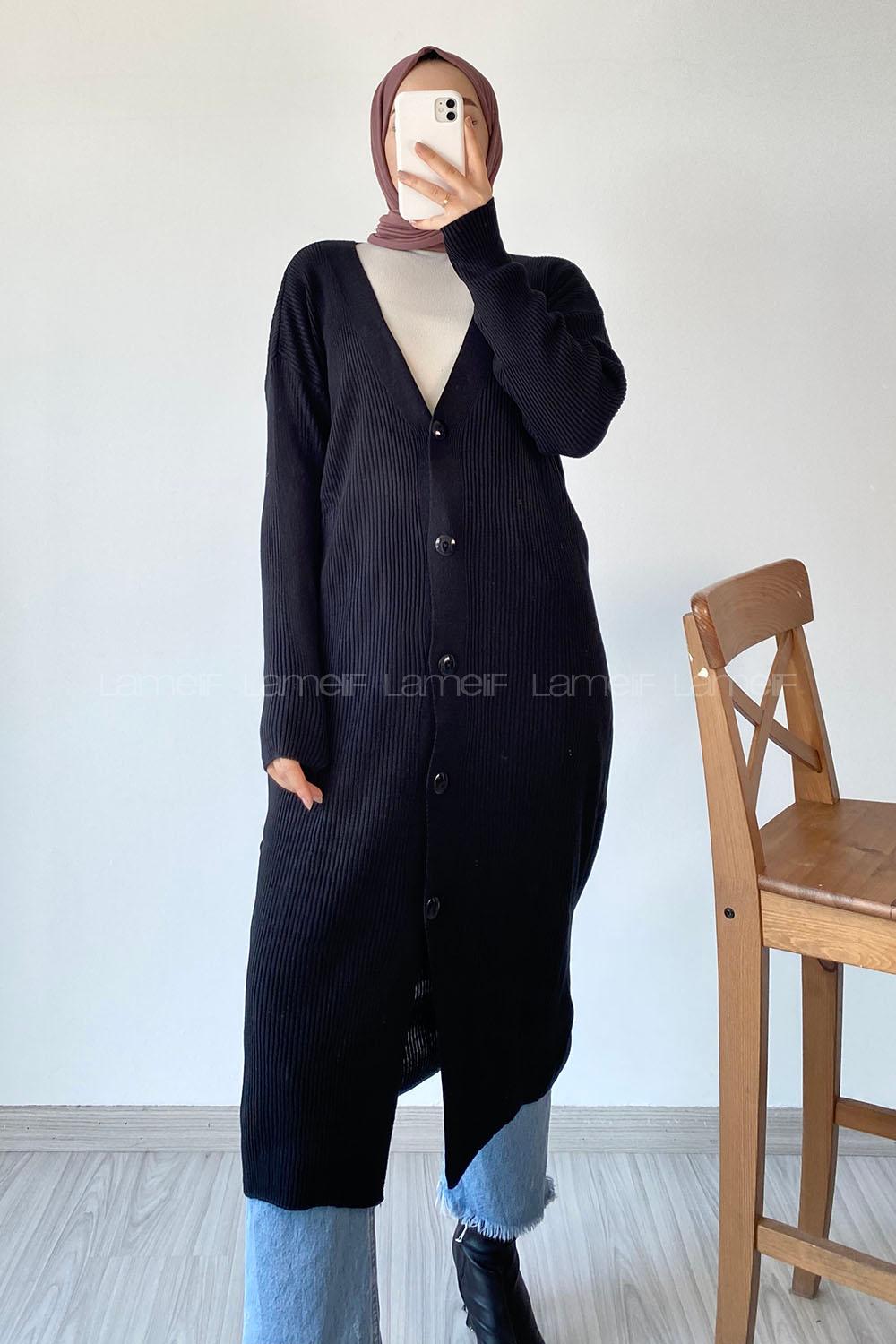 Modalamelif Önü Boydan Düğme Detaylı Fitilli Uzun Hırka Siyah