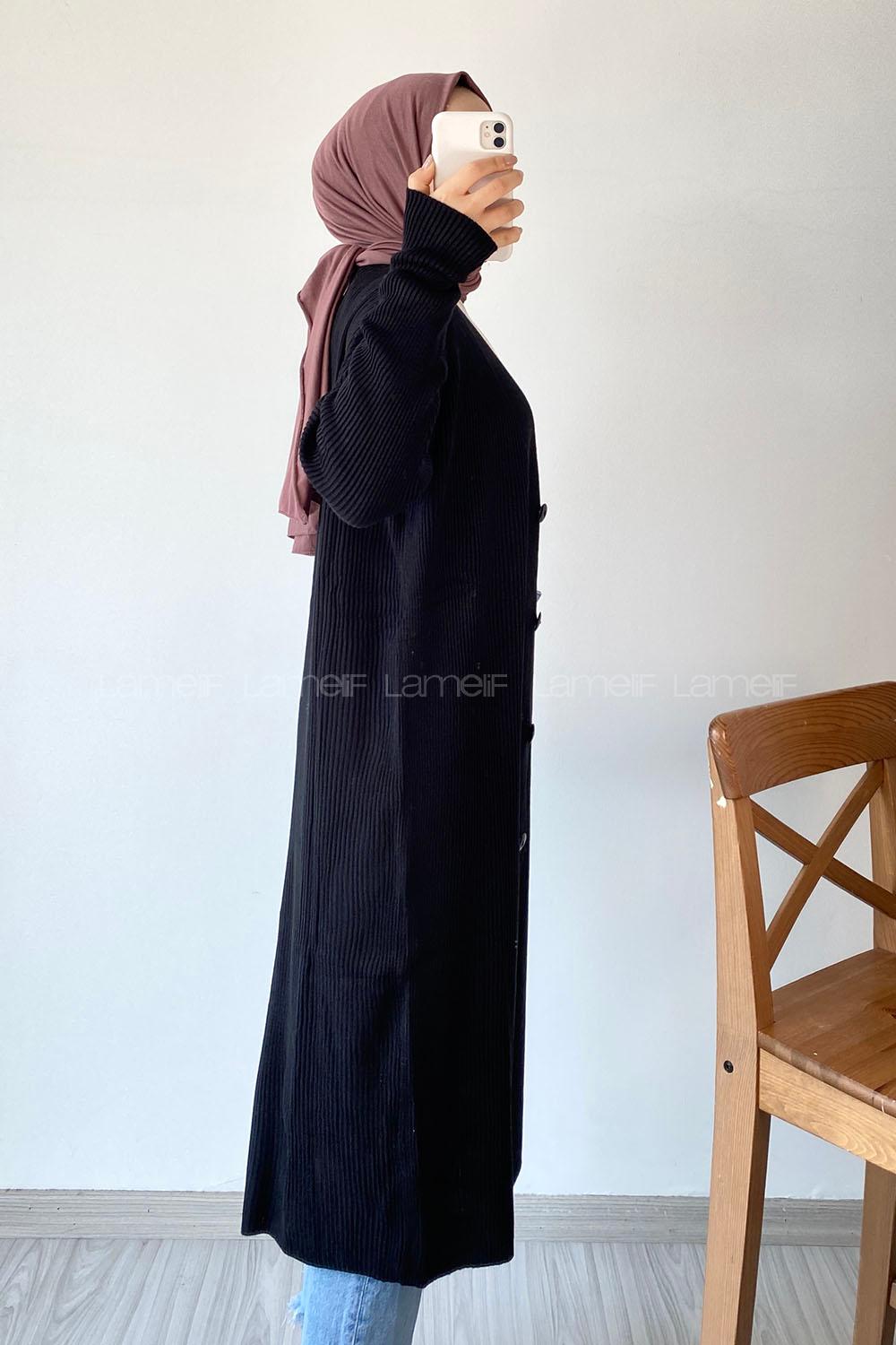 Modalamelif Önü Boydan Düğme Detaylı Fitilli Uzun Hırka Siyah