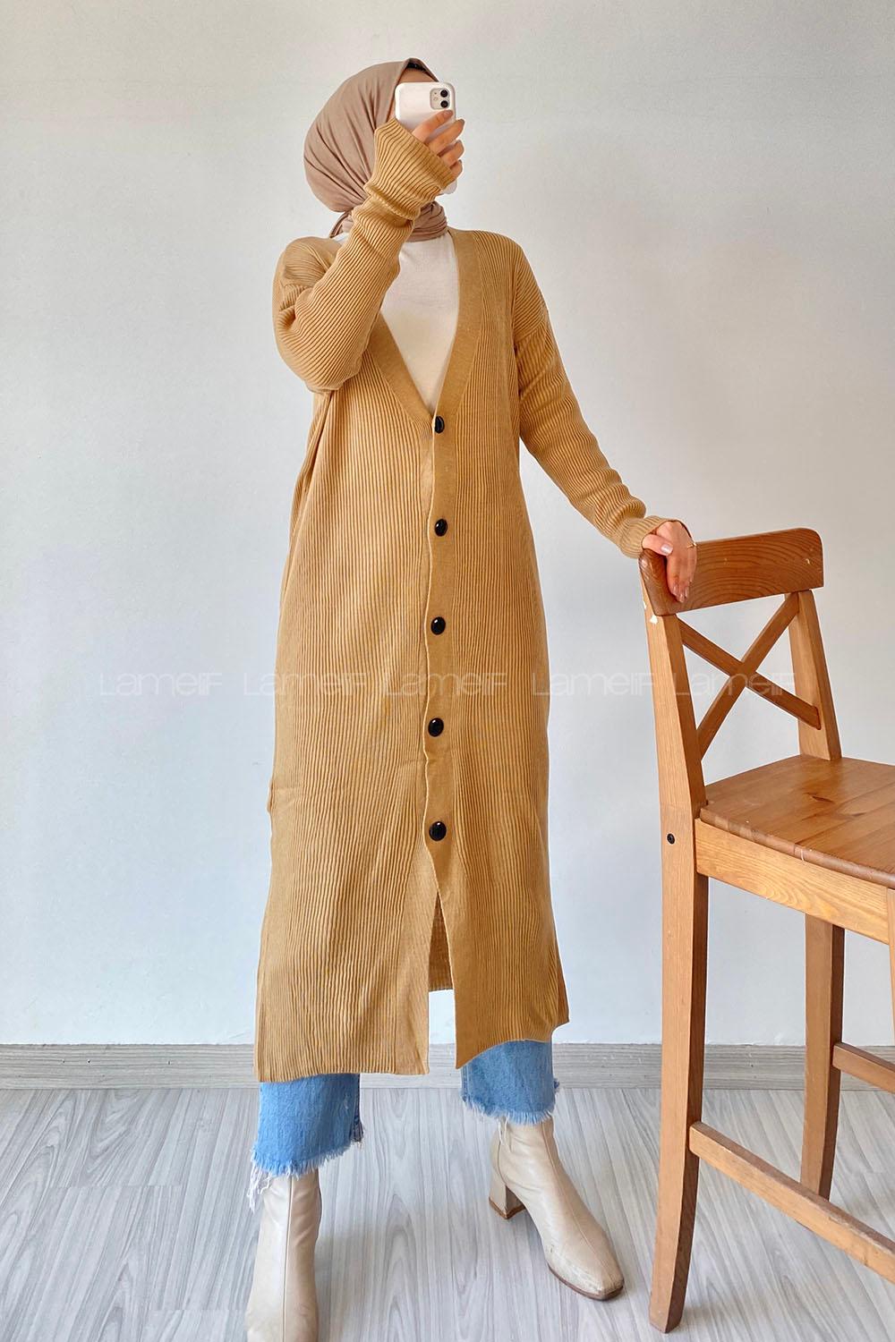 Modalamelif Önü Boydan Düğme Detaylı Fitilli Uzun Hırka Sütlükahve