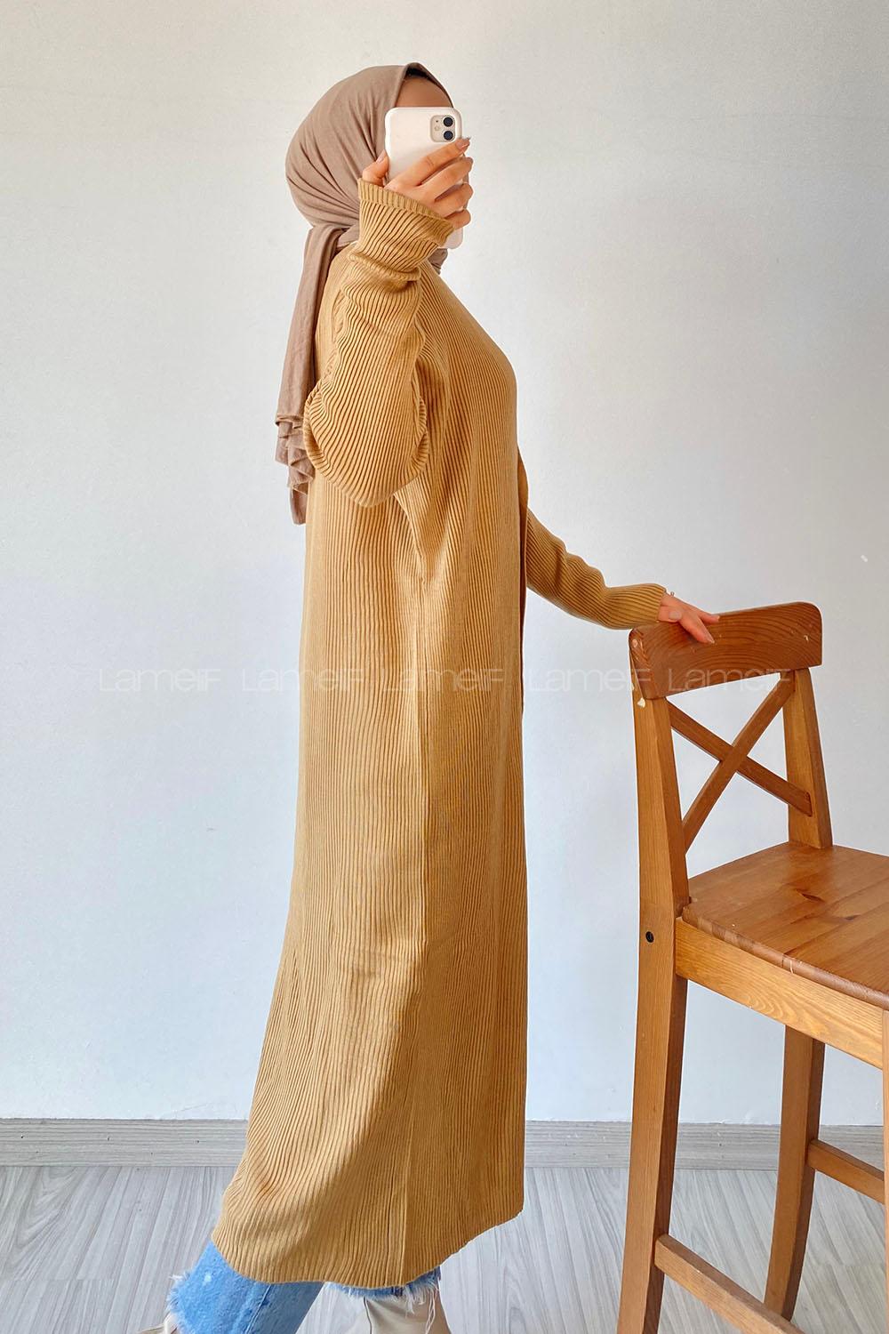 Modalamelif Önü Boydan Düğme Detaylı Fitilli Uzun Hırka Sütlükahve