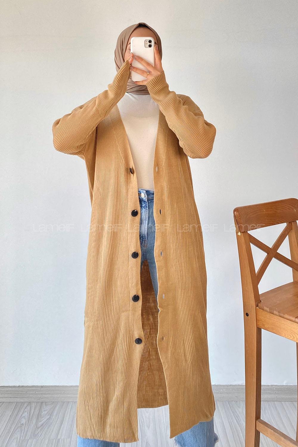 Modalamelif Önü Boydan Düğme Detaylı Fitilli Uzun Hırka Sütlükahve