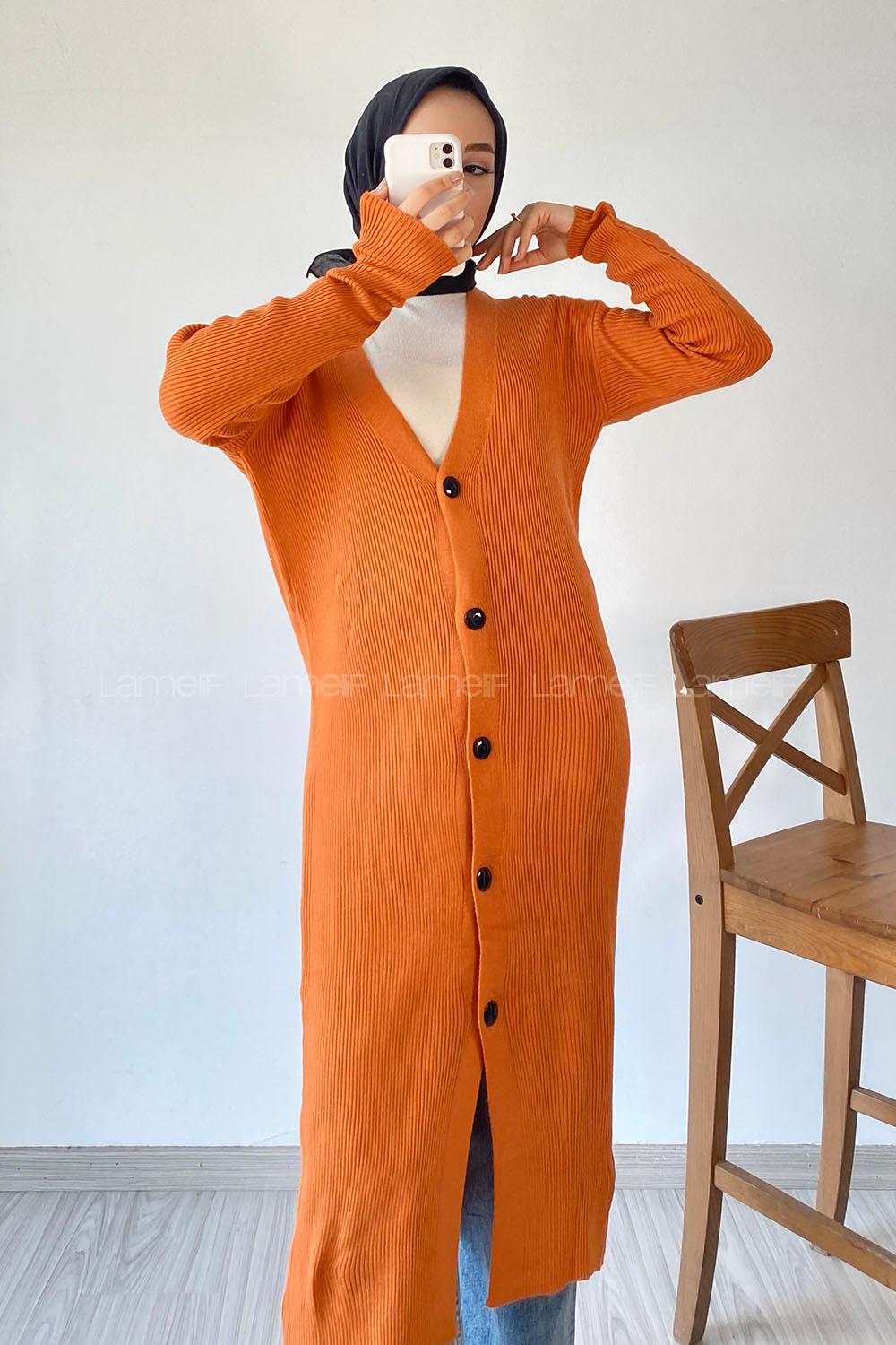 Modalamelif Önü Boydan Düğme Detaylı Fitilli Uzun Hırka Turuncu