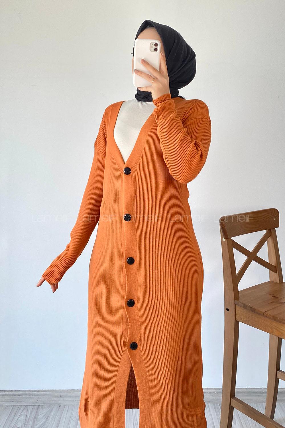 Modalamelif Önü Boydan Düğme Detaylı Fitilli Uzun Hırka Turuncu