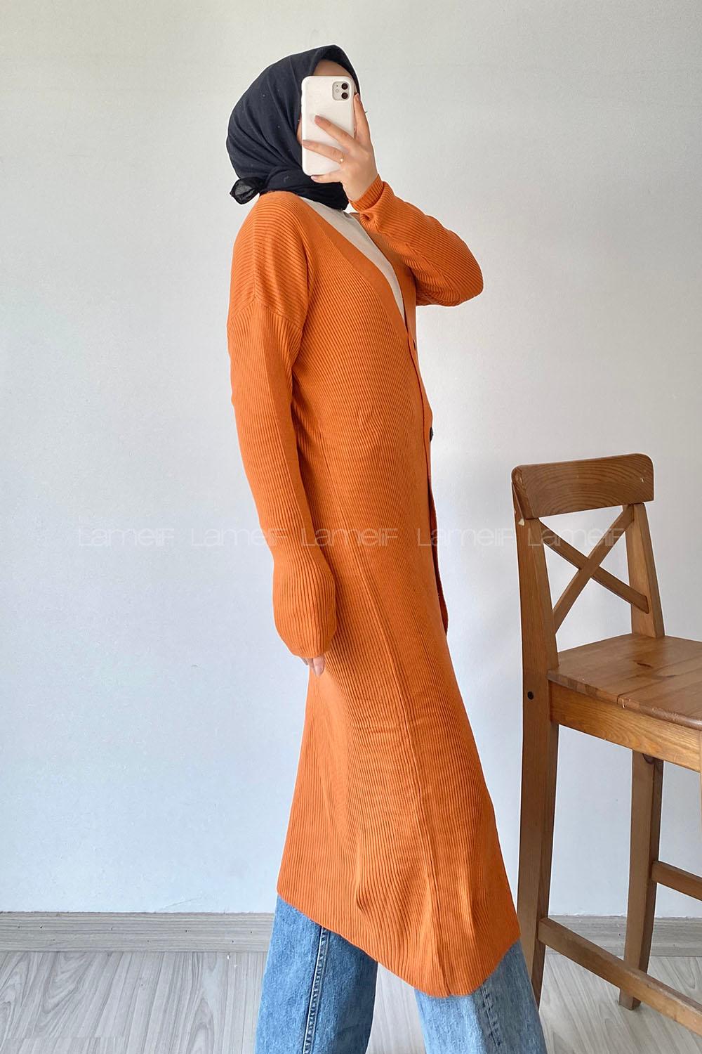 Modalamelif Önü Boydan Düğme Detaylı Fitilli Uzun Hırka Turuncu